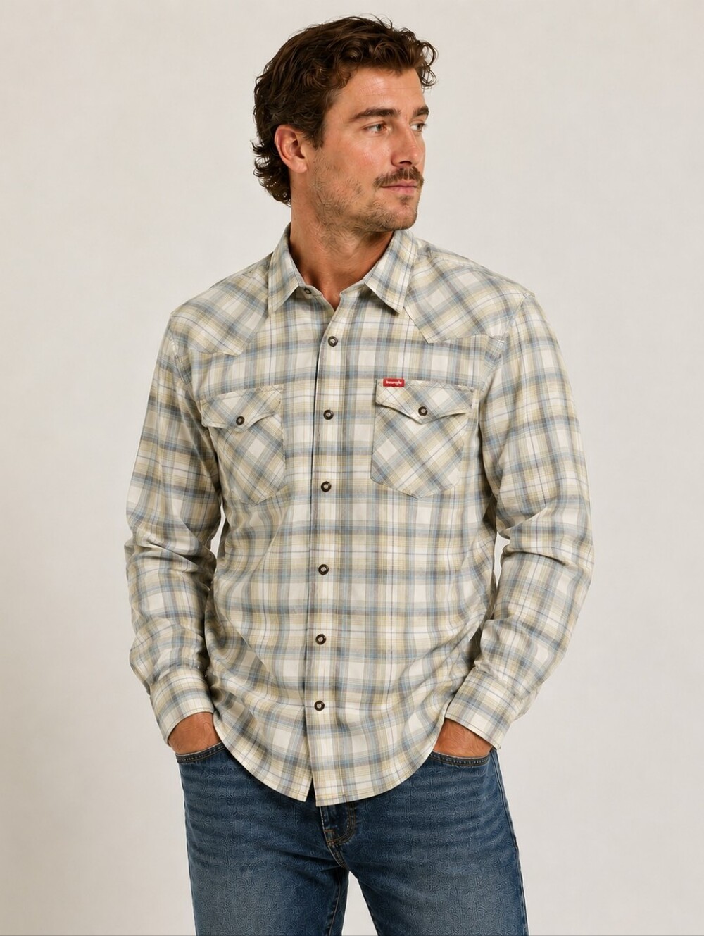 Wrangler Men Cowboy Wash long-sleeve plaid button-down shirt,Size Large